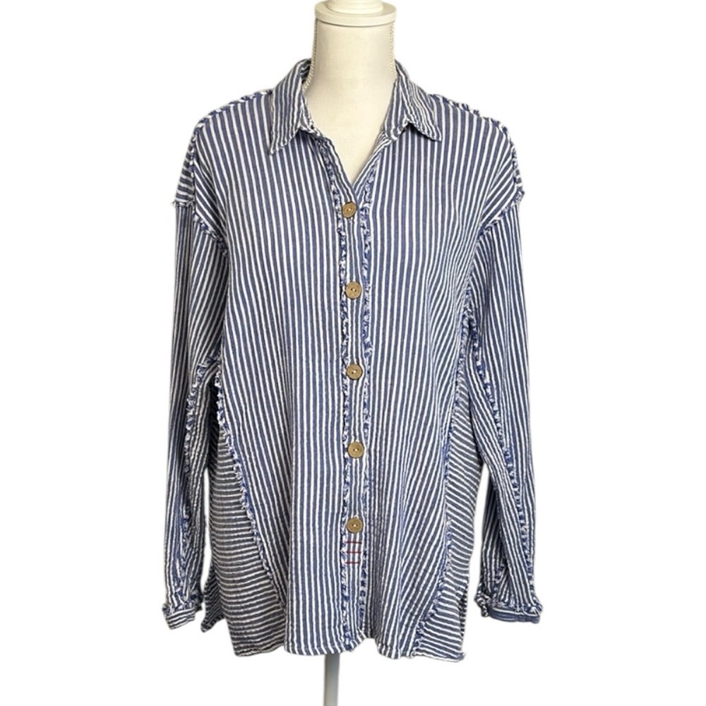 Free People We The Free Size M Blue & White Stripe 100% Cotton Oversized Shirt